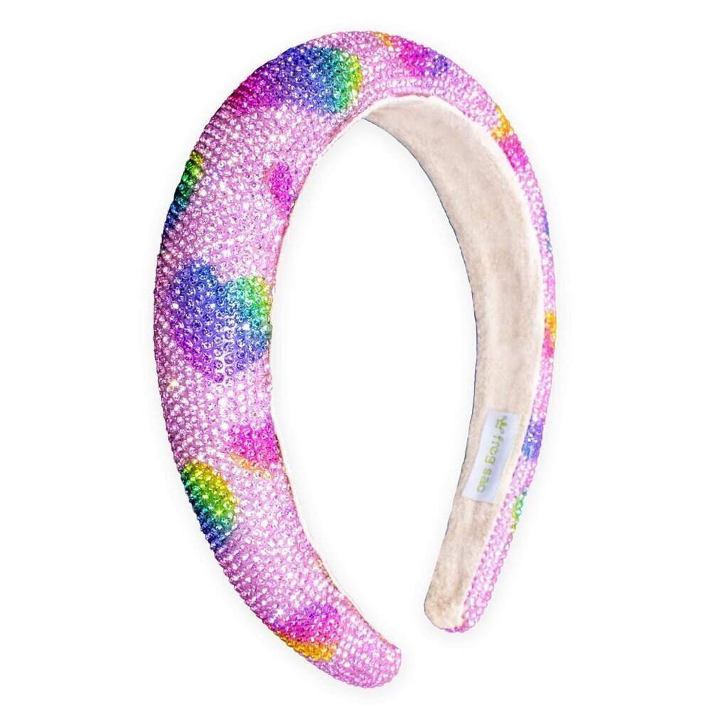 Girls Padded Rhinestone Headband Rainbow Heart No-Slip Velvet Hair Accessory